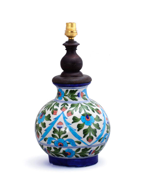 Turquoise Flowers and Lime Green Leaves On White Base Table Lamp (Without Lampshade)